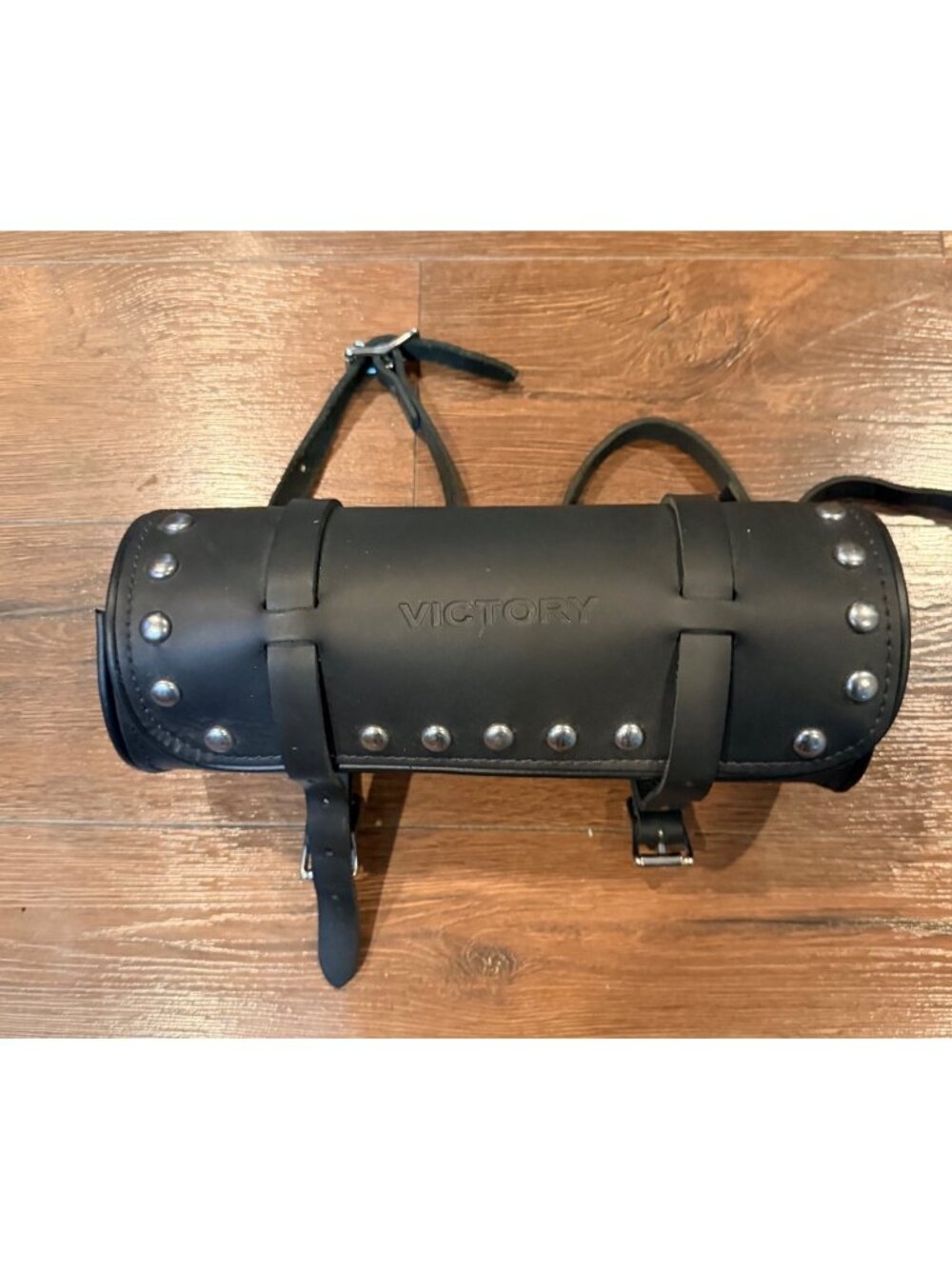 Victory Branded Motorcycle Studded Fork Tool Bag Black Leather Clean Storage